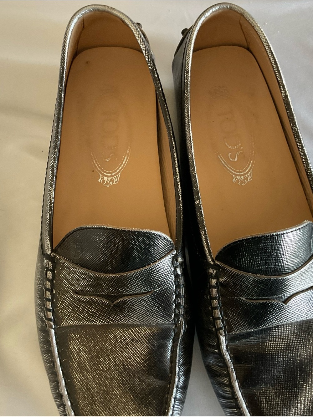 Tod's Metallic Silver Leather Penny Loafers sz 39.5